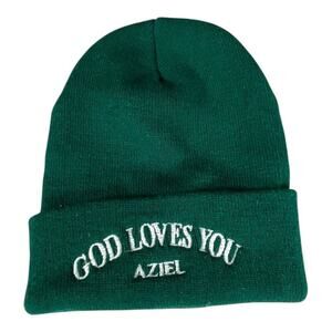 YP Classics God Loves You Aziel Beanie Hunter Green & White One Size Hat Cozy